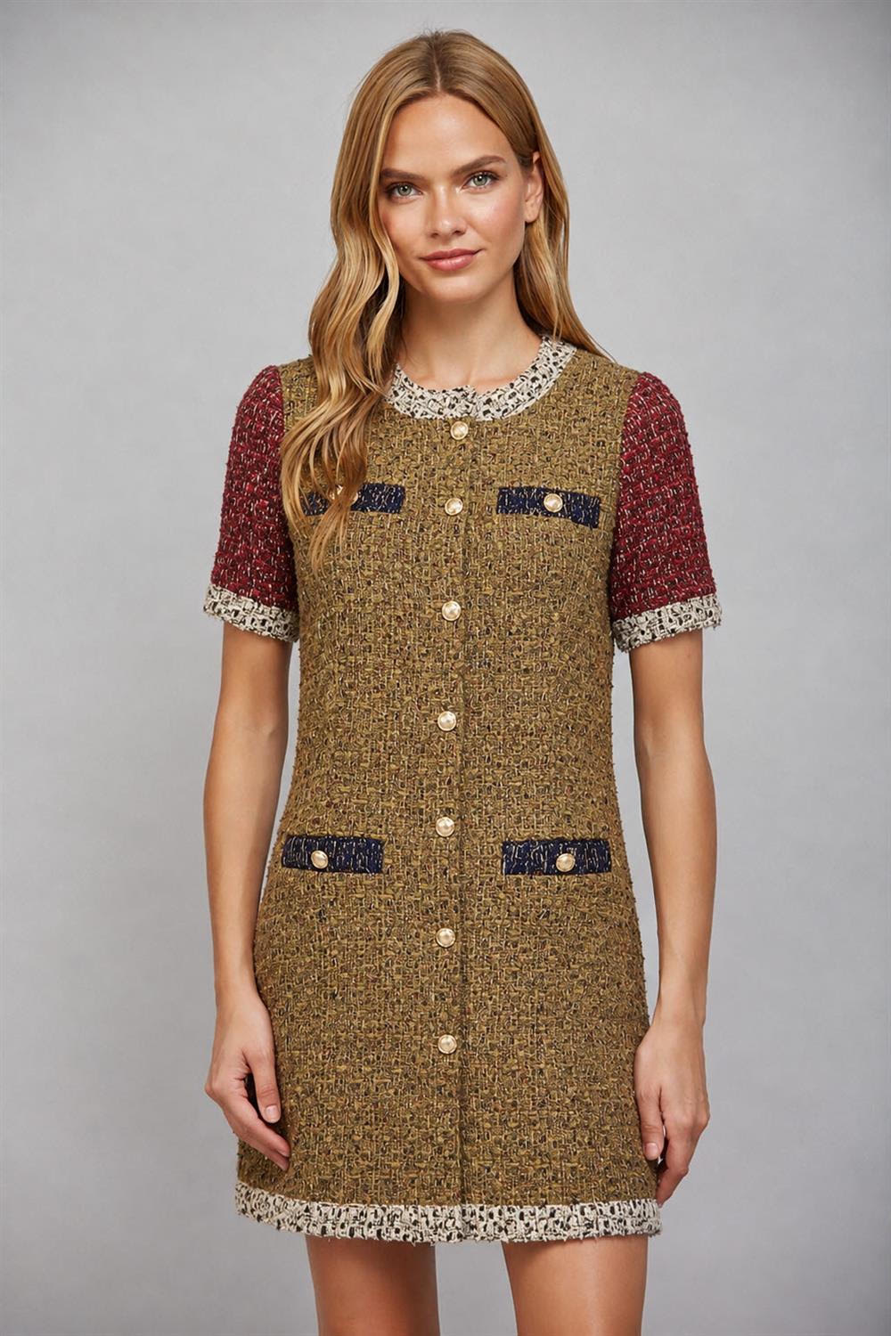 Mixed Tweed Dress w/ Contrast Trim