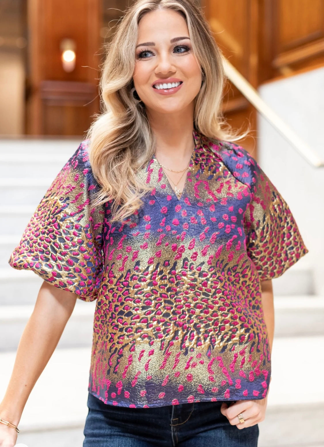 Puff Sleeve Metallic Brocade Top
