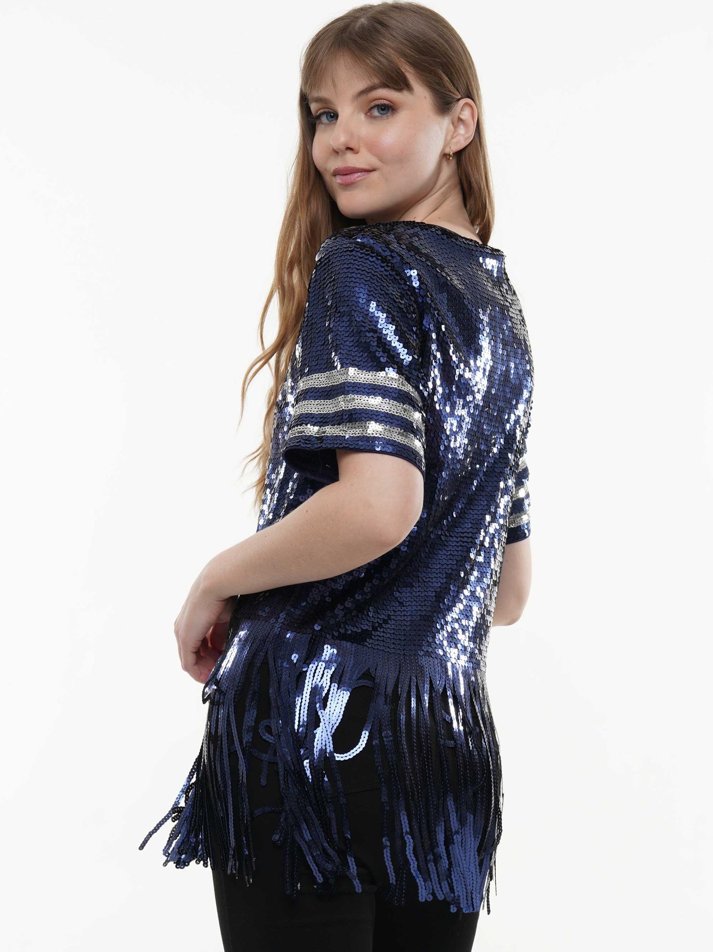 Game Day Blue Sequin Fringe Short Sleeve Top