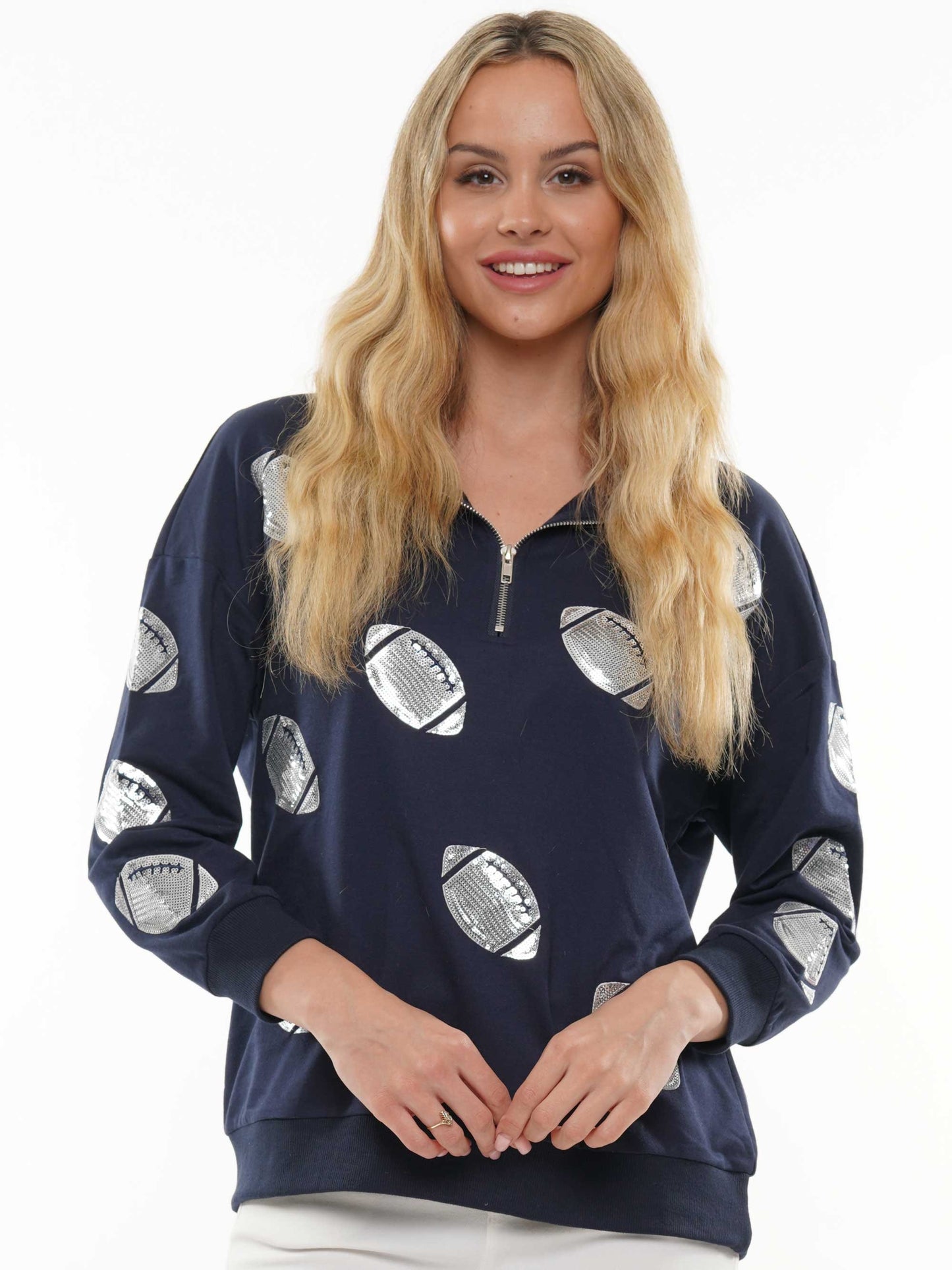 Game Day Zip Neck Hooded Sweatshirt w/Sequin Footballs