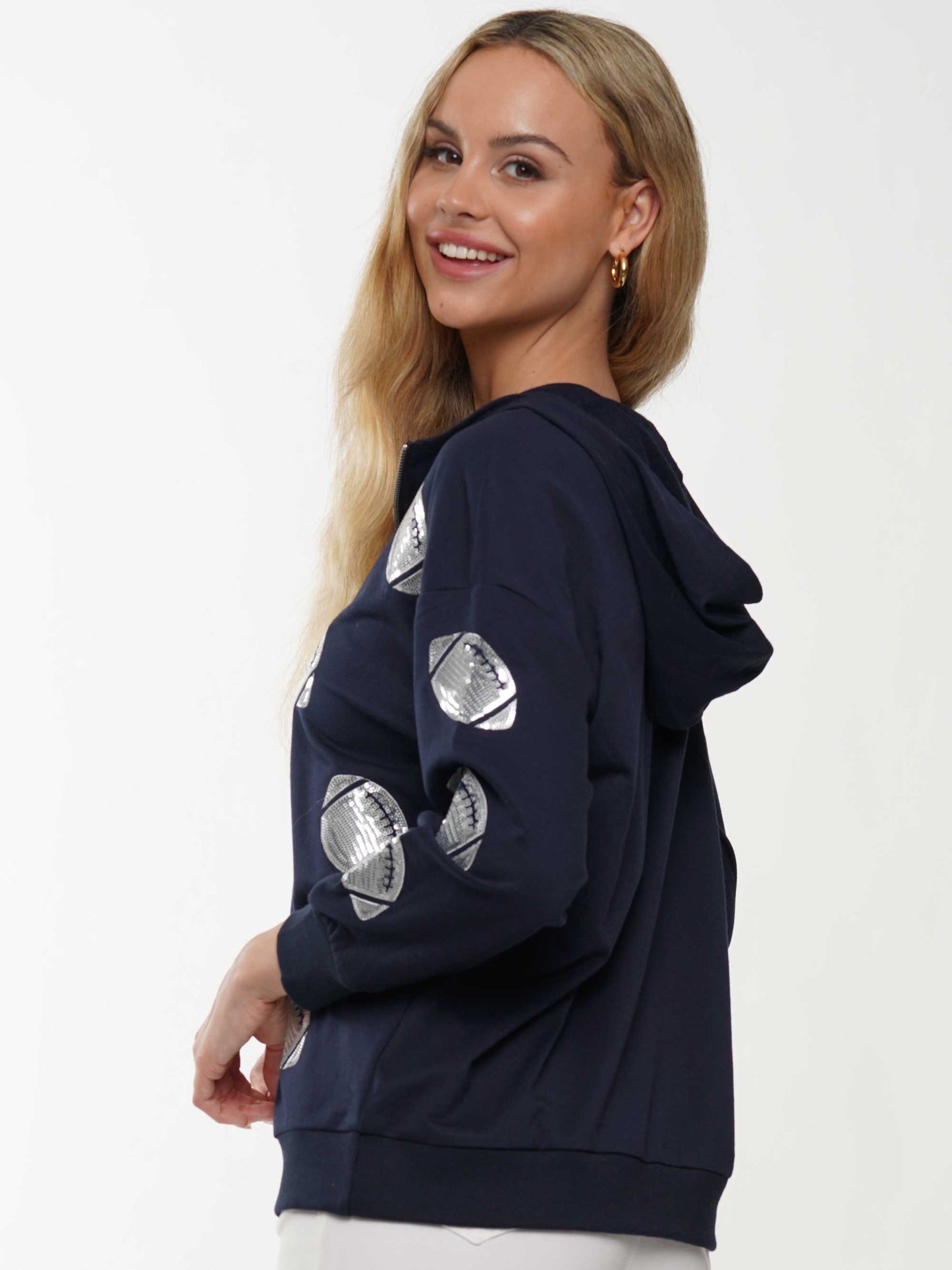 Game Day Zip Neck Hooded Sweatshirt w/Sequin Footballs