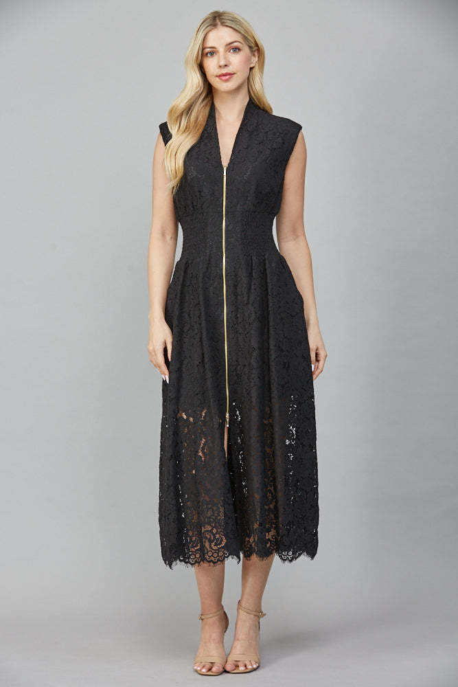 Front Zip Sleeveless Lace Dress