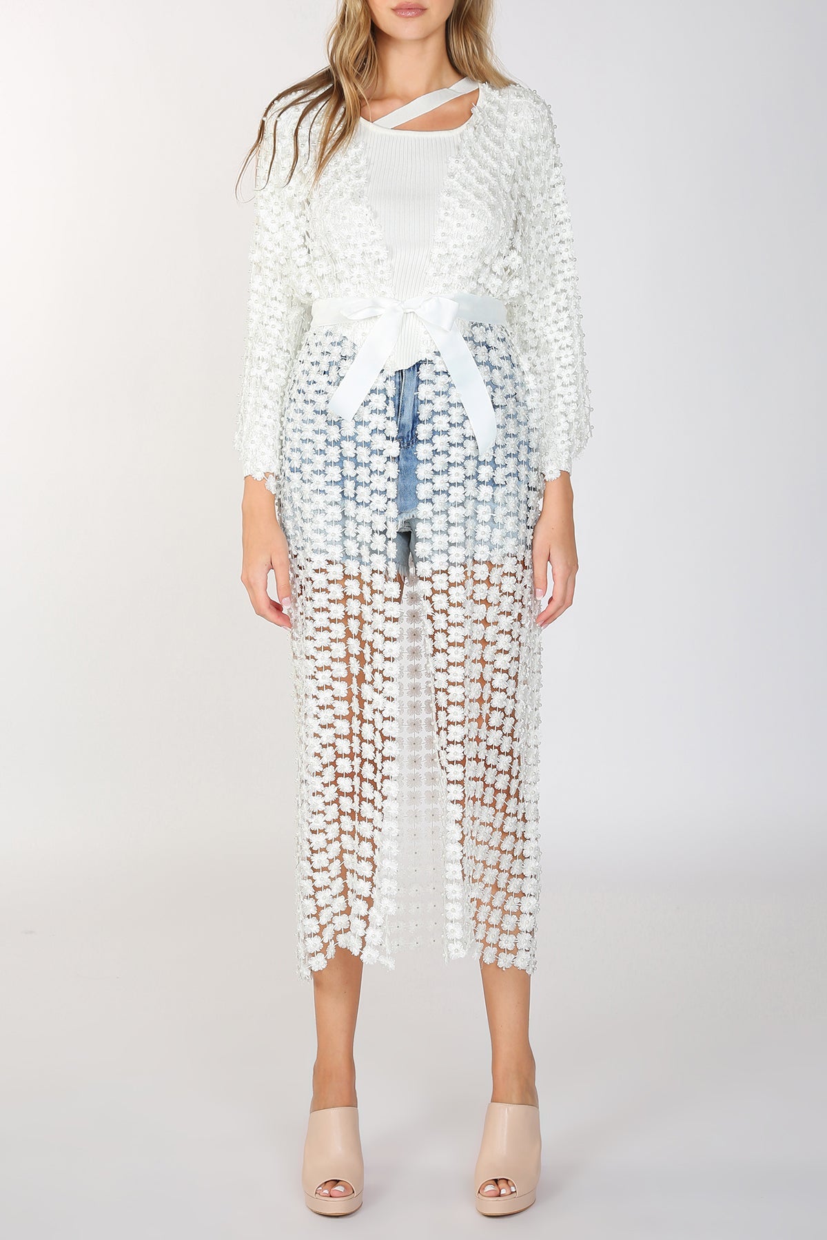 Long Shimmer Flower Mesh With Pearl Beads Kimono