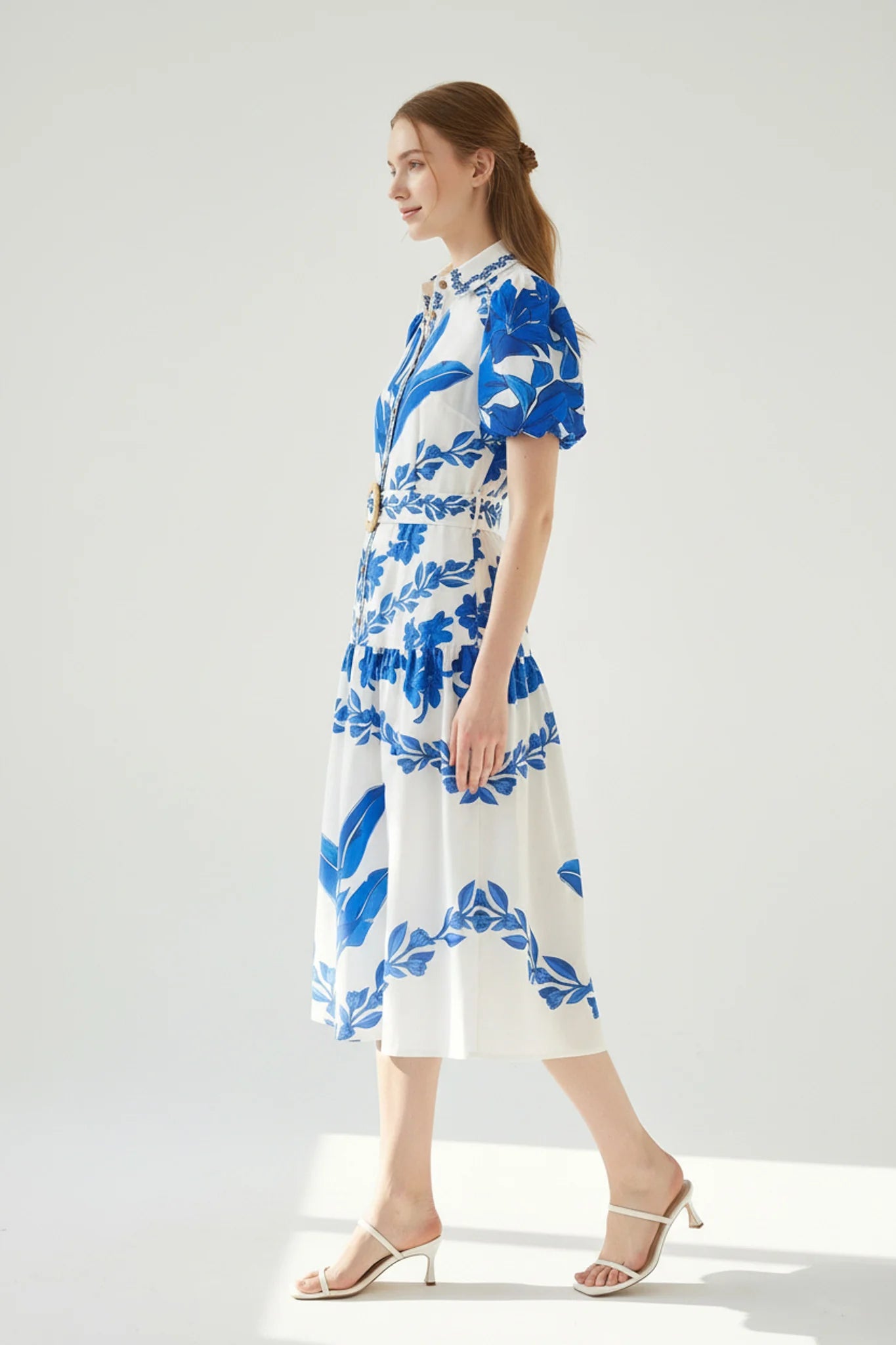 Floral Leaf Print Midi Royal & Dress