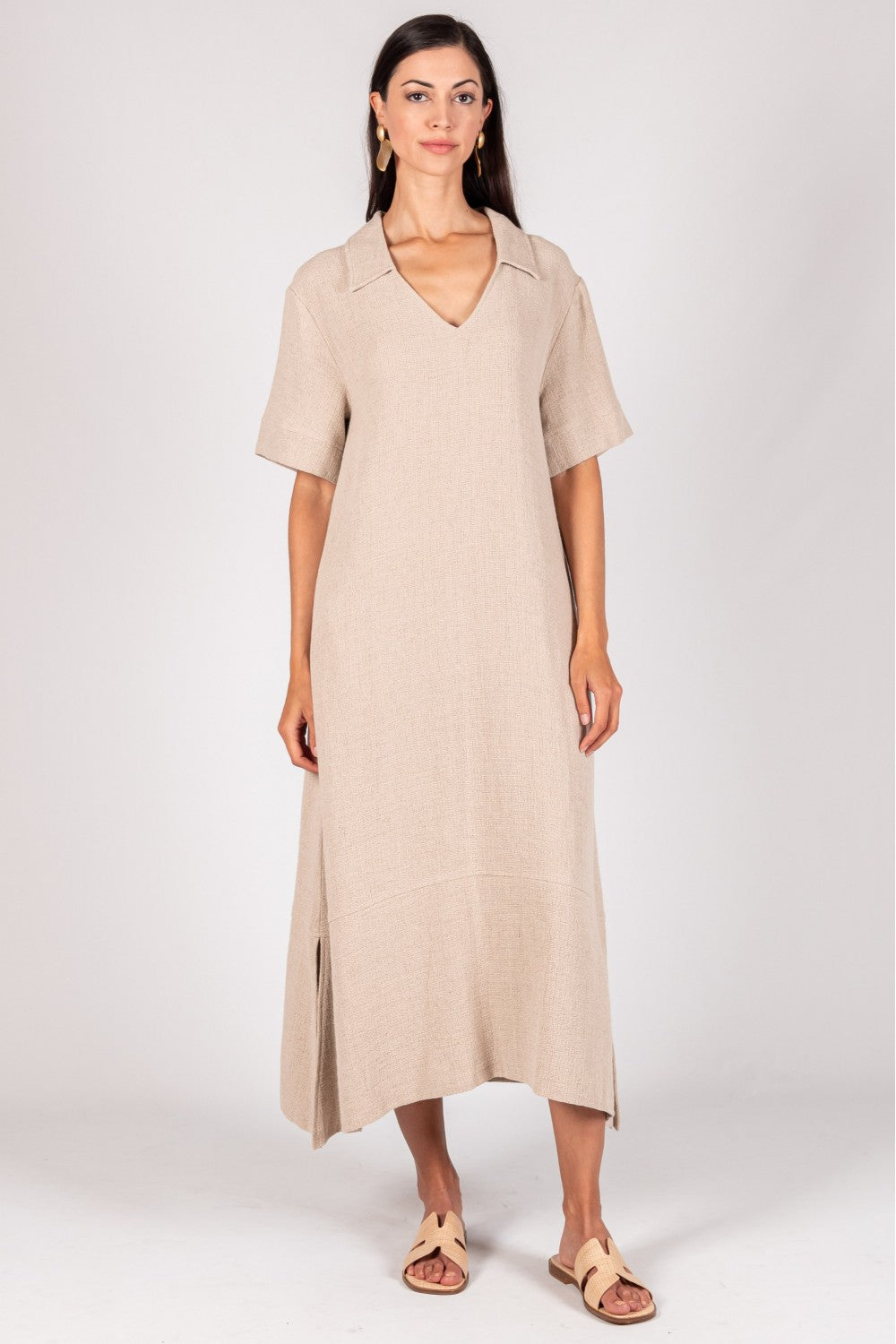 Linen Collared Medi With Pockets One Size