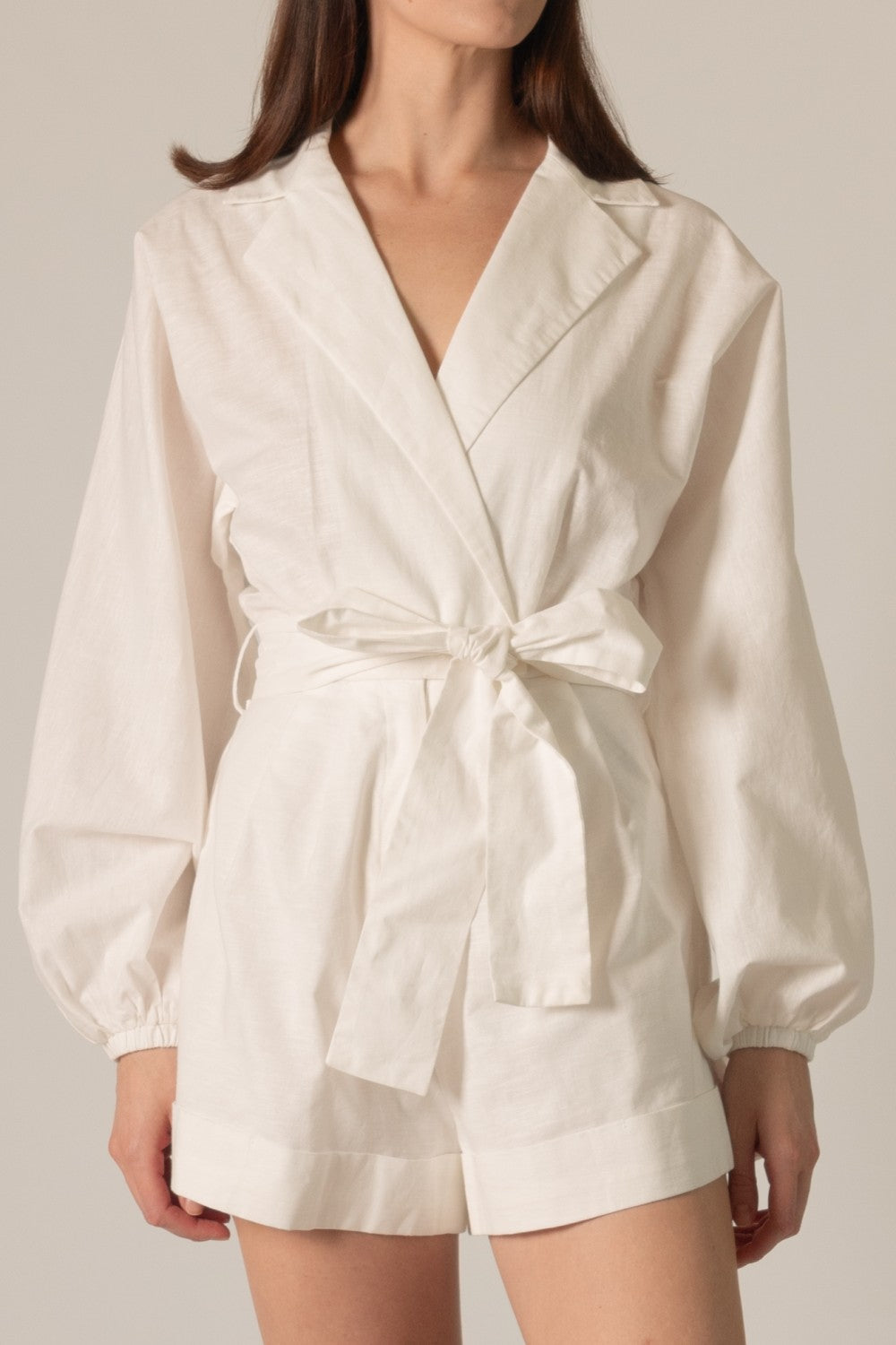 Linen Blend Long Sleeve Wrap Style Romper
