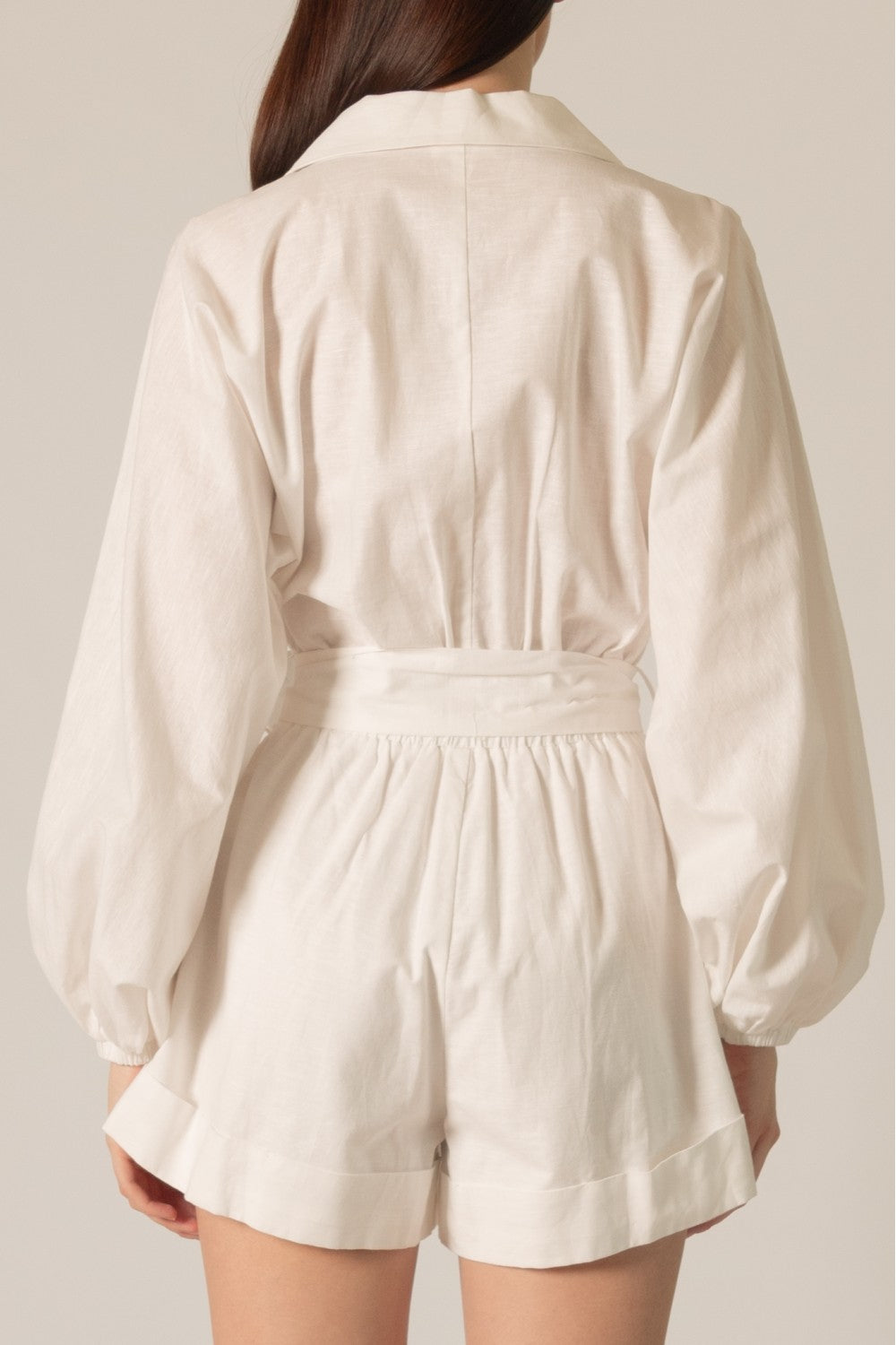 Linen Blend Long Sleeve Wrap Style Romper