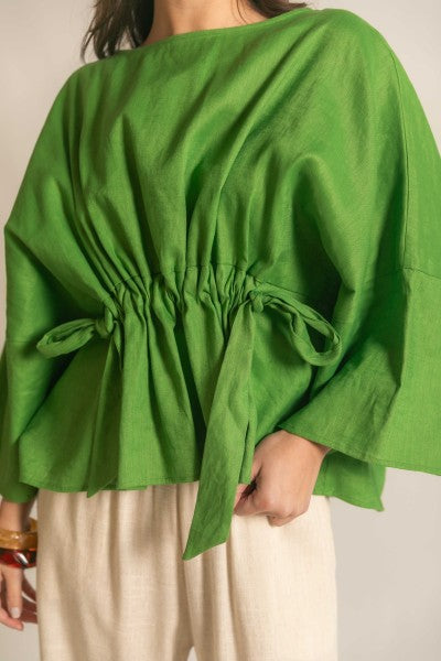 Linen Half Sleeve Waist Tie Top