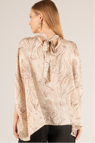 Satin Print Mock Neck Tie Back