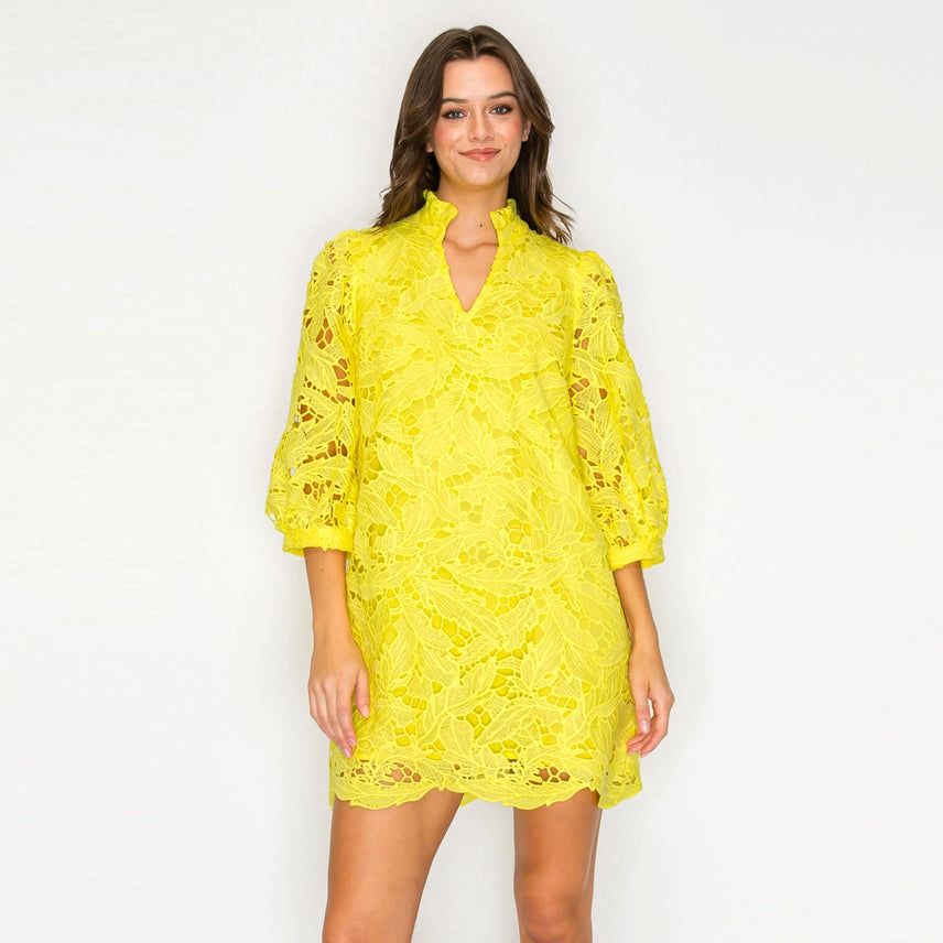 3/4 Sleeve V-Neck Lace Dress- Lemon