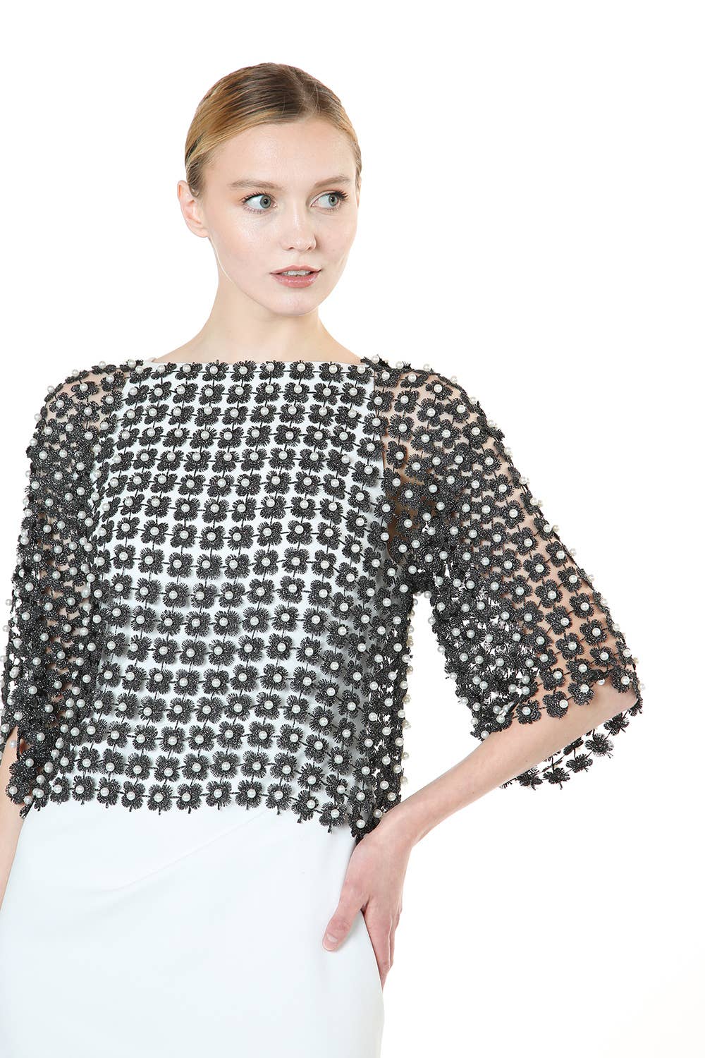 Shimmer Flowermesh with Pearl Beads Short Sleeve Top