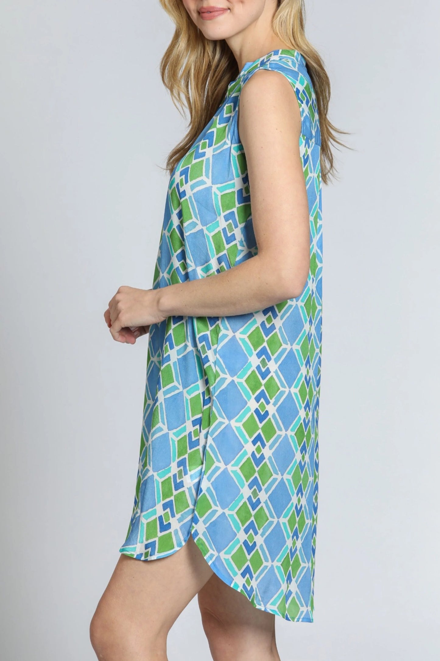 Sleeveless 1/2 Button-up Dress Blue/Green Multi