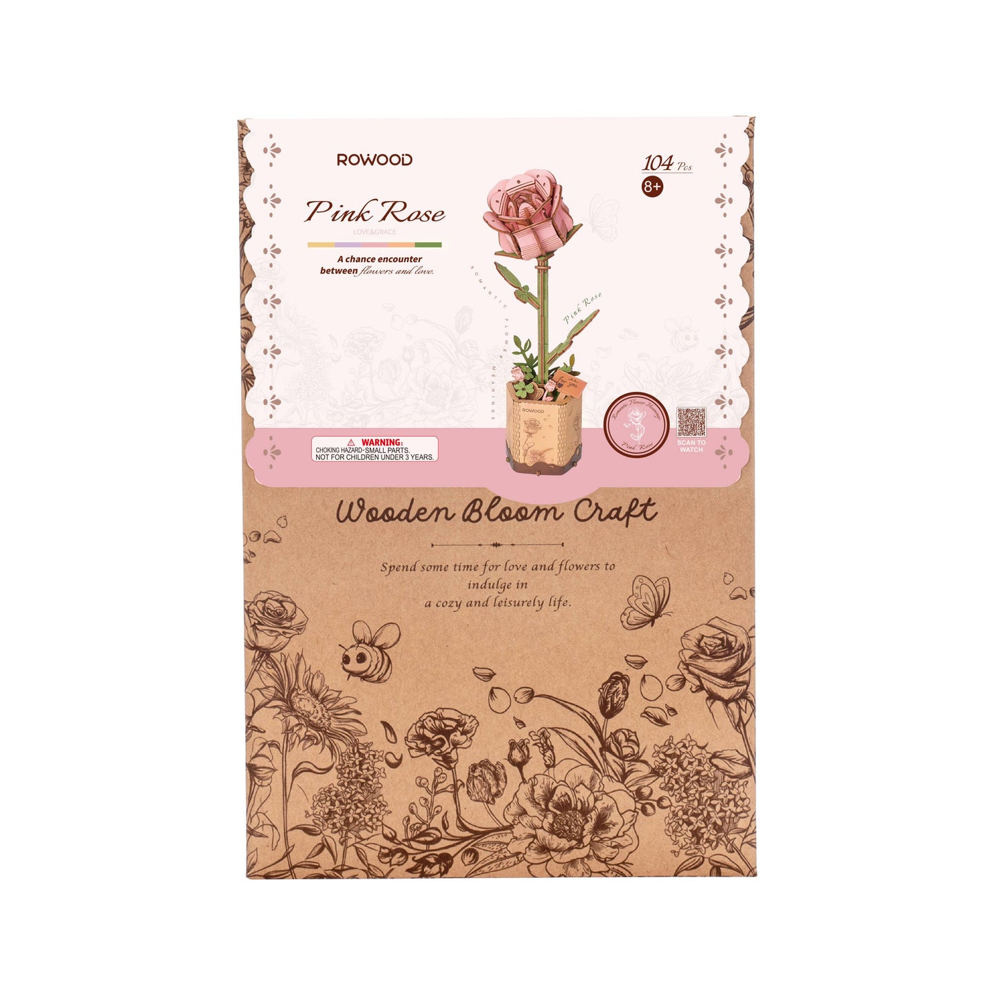 TW041 Pink Rose Robotime Rowood DIY Wooden Flower 3D Puzzles