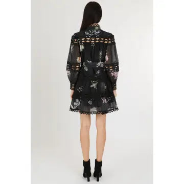 Floral Print Cutout Lace Detail A-Line Mini Dress