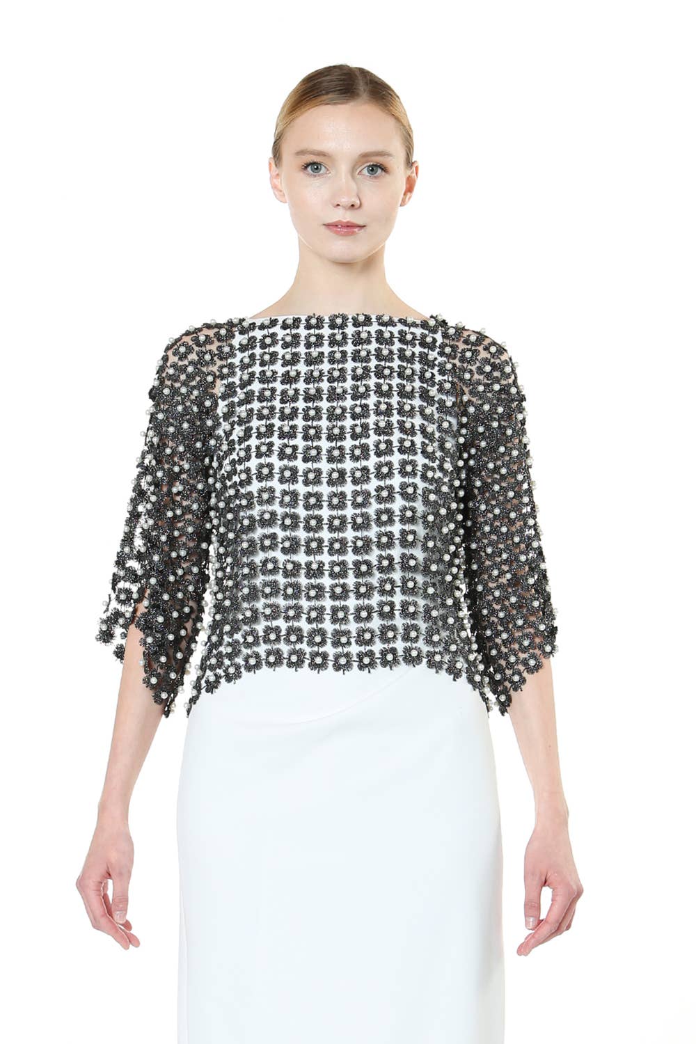 Shimmer Flowermesh with Pearl Beads Short Sleeve Top
