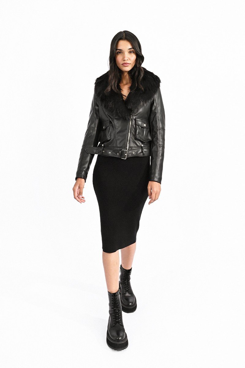 BIKER JACKET WITH FAUX FUR COLLAR