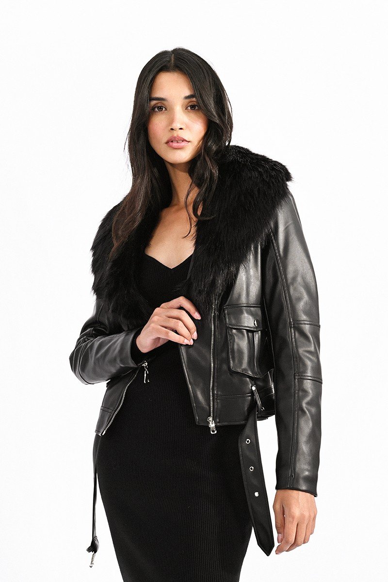 BIKER JACKET WITH FAUX FUR COLLAR