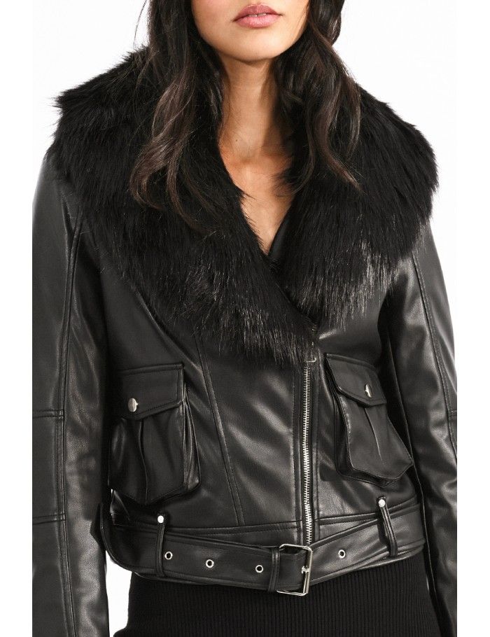 BIKER JACKET WITH FAUX FUR COLLAR