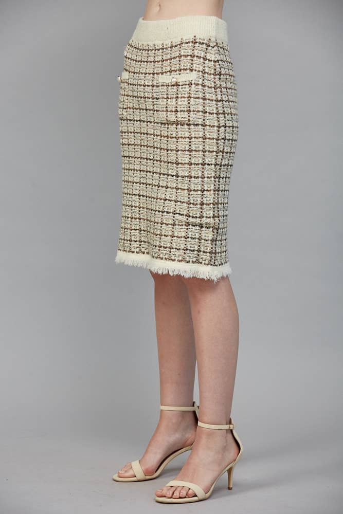 Check Pattern Tweed Knit Ivory Multi Skirt