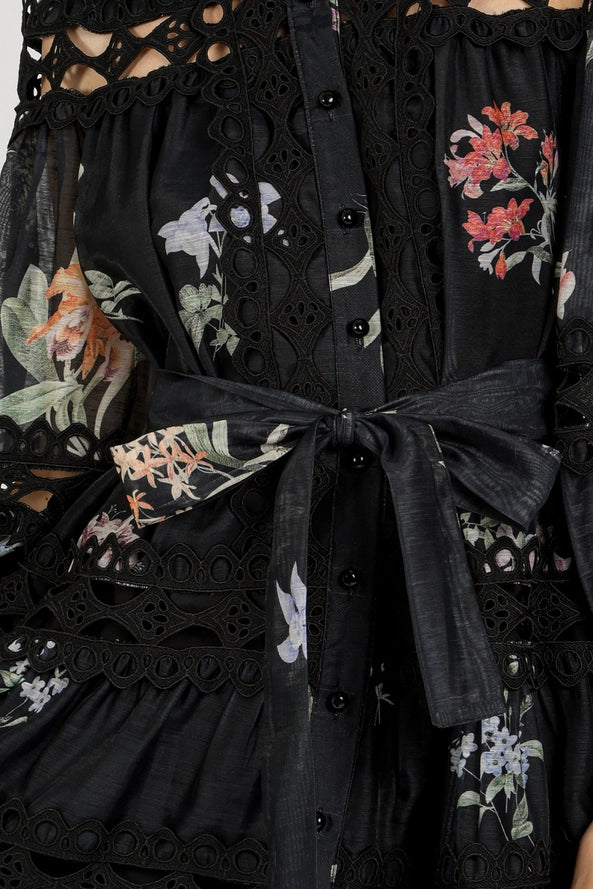 Floral Print Cutout Lace Detail A-Line Mini Dress