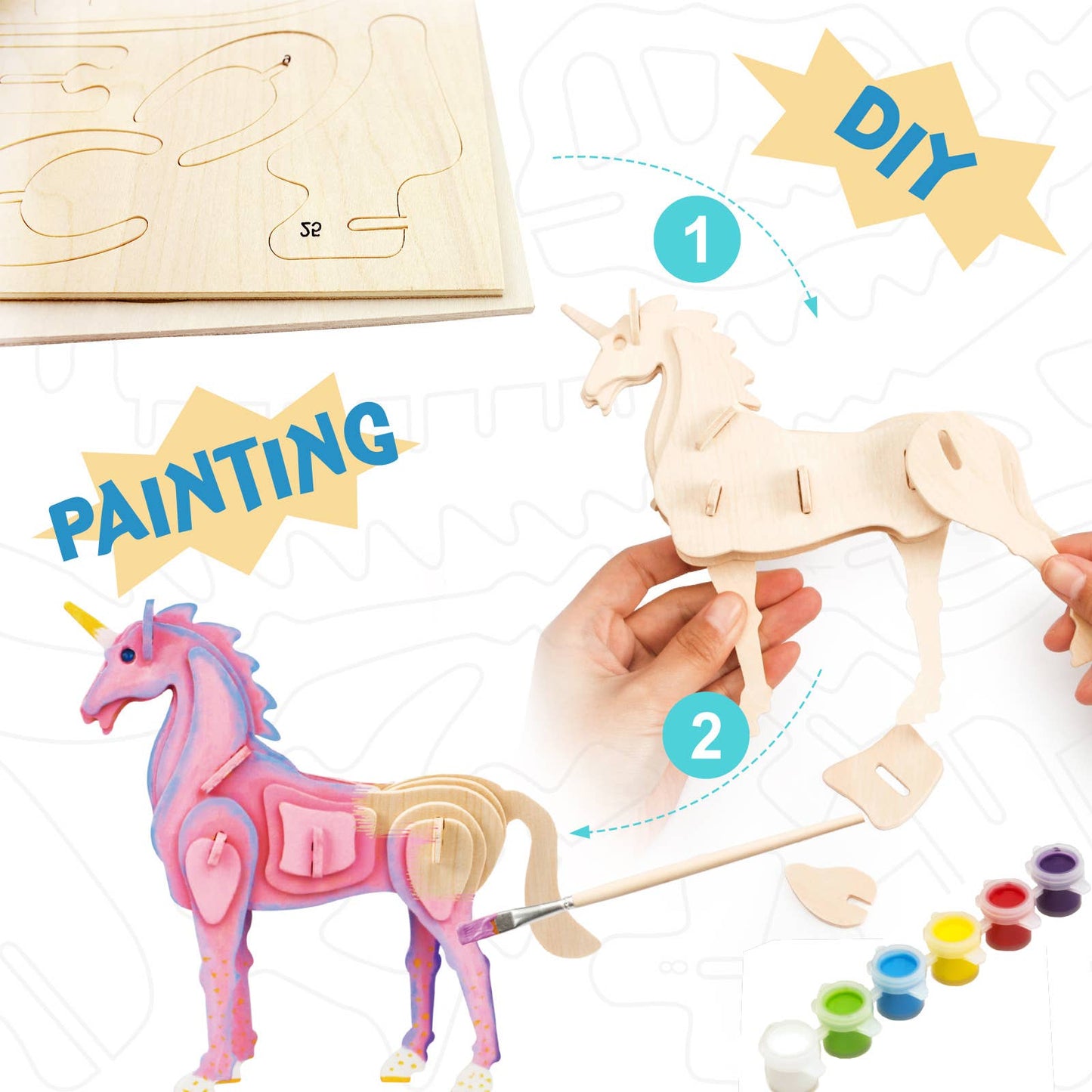 3D Wooden Puzzle with Paint Kit: Unicorn Kids