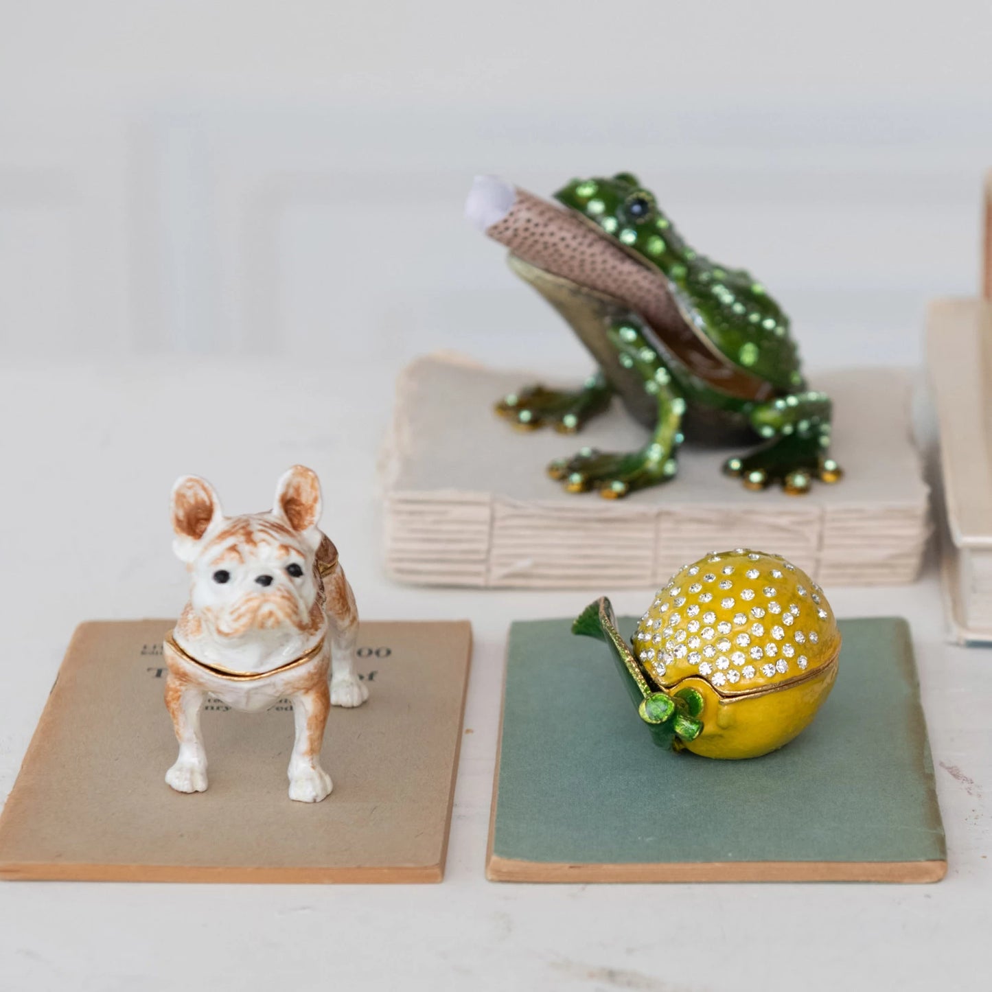 Enameled Metal French Bulldog Shaped Trinket Box w/ Jewels