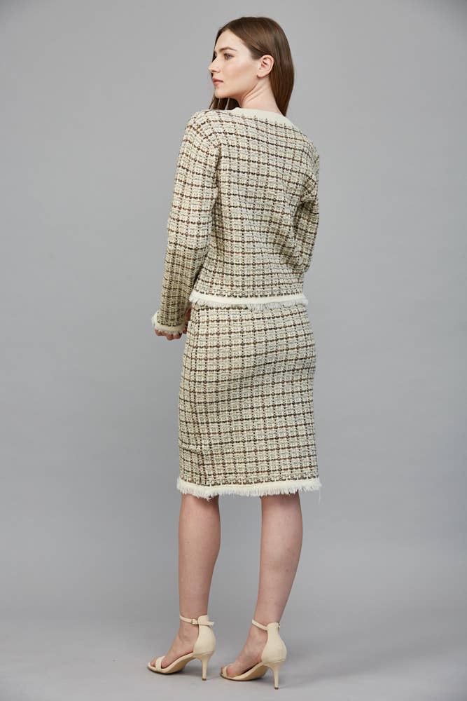 Check Pattern Tweed Knit Ivory Multi Skirt