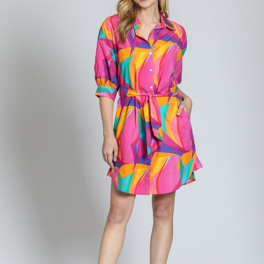 Belted Dress w Puff Sleeve Pink/Gr Multi