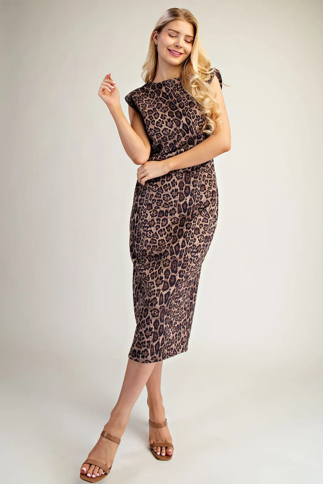 Round Neck S/L Animal Print Midi Dress