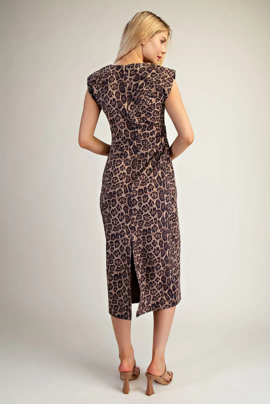 Round Neck S/L Animal Print Midi Dress