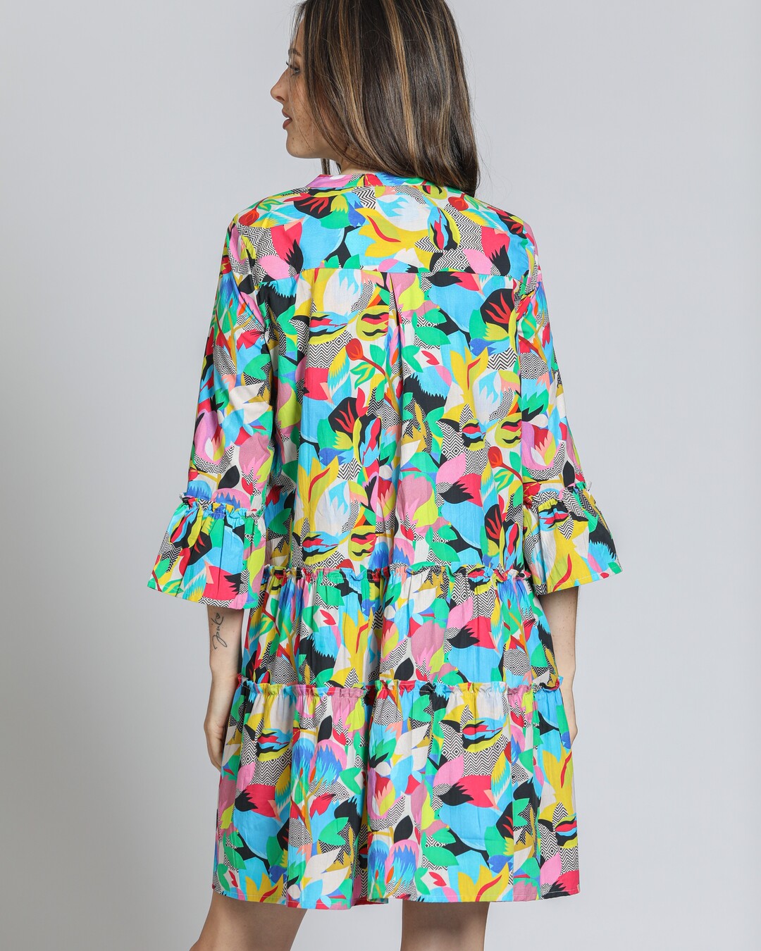 Tiered Tunic Dress w/Flounce Sleeve Blue Multi