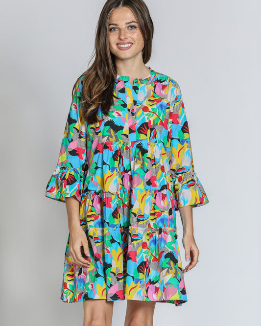 Tiered Tunic Dress w/Flounce Sleeve Blue Multi
