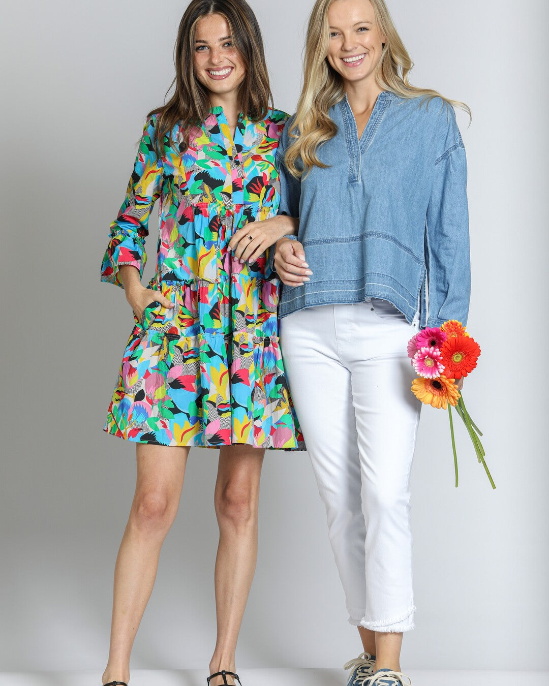 Tiered Tunic Dress w/Flounce Sleeve Blue Multi