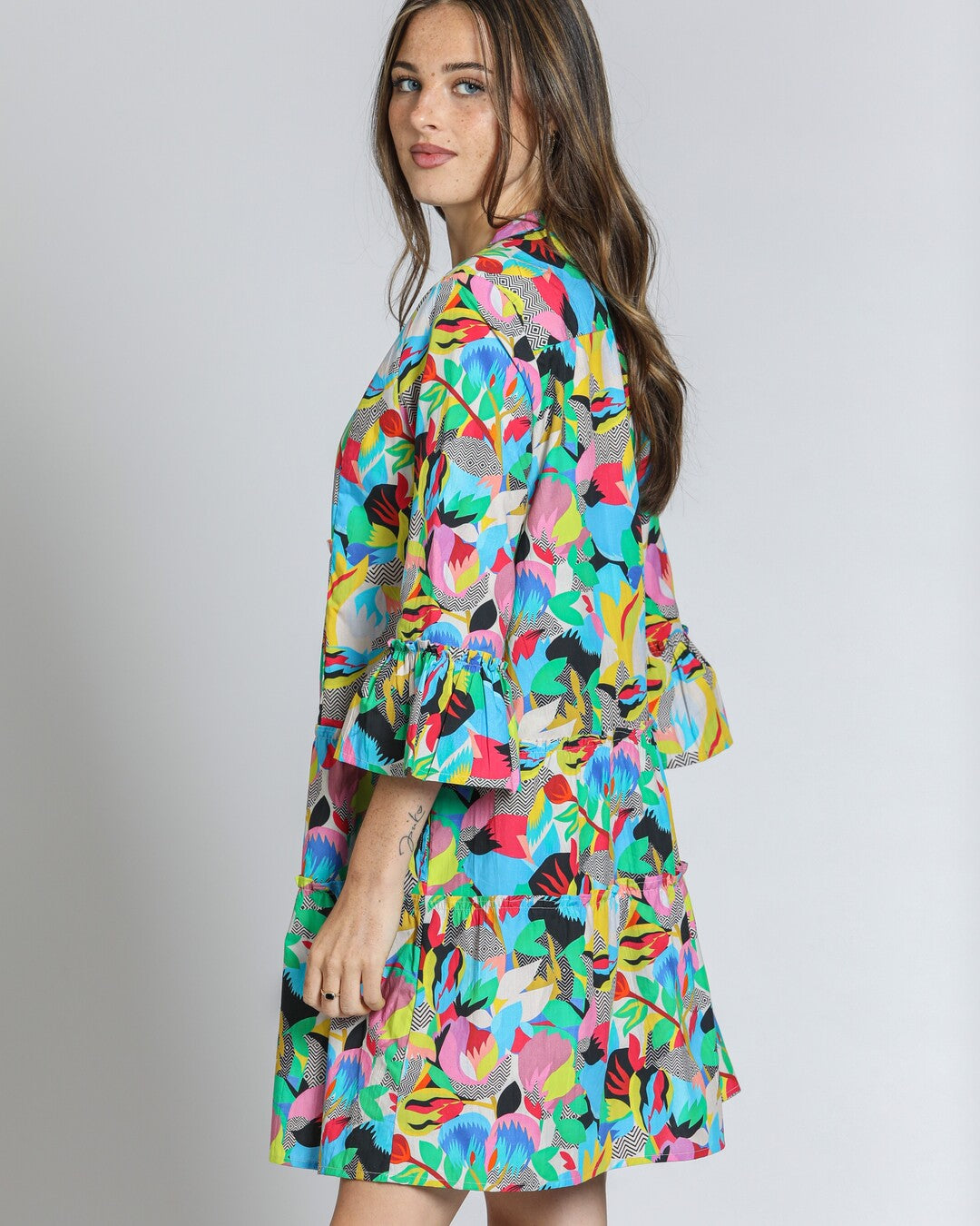 Tiered Tunic Dress w/Flounce Sleeve Blue Multi