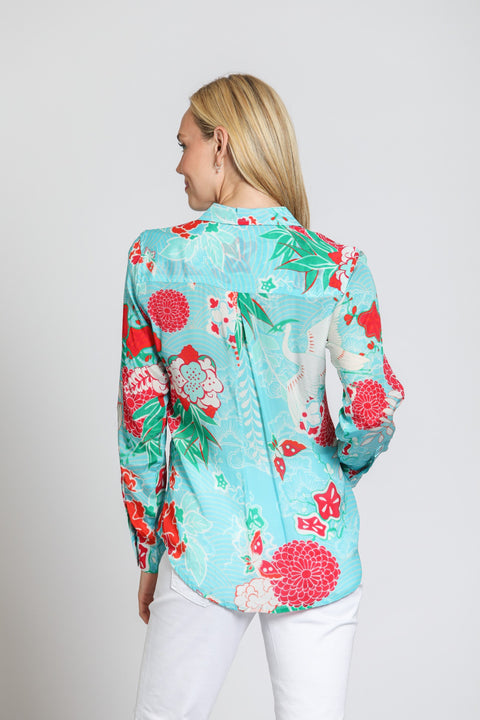 Button-Up Roll-Up Sleeve Turquoise Multi