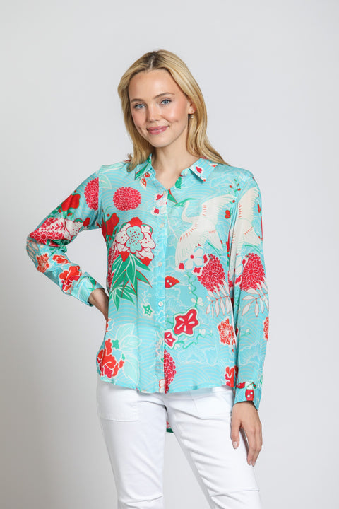 Button-Up Roll-Up Sleeve Turquoise Multi