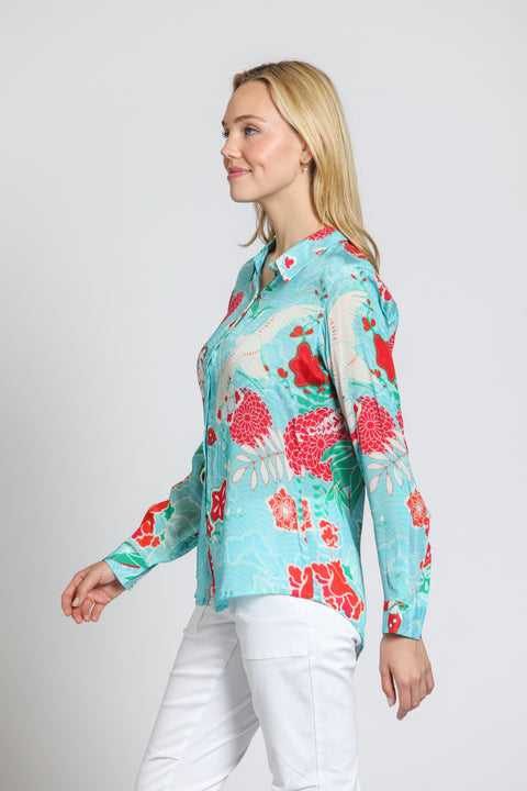 Button-Up Roll-Up Sleeve Turquoise Multi