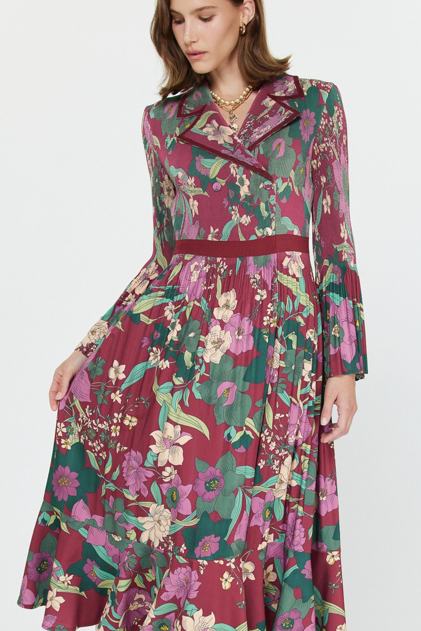 Notched Collar Pleated Midi Dress