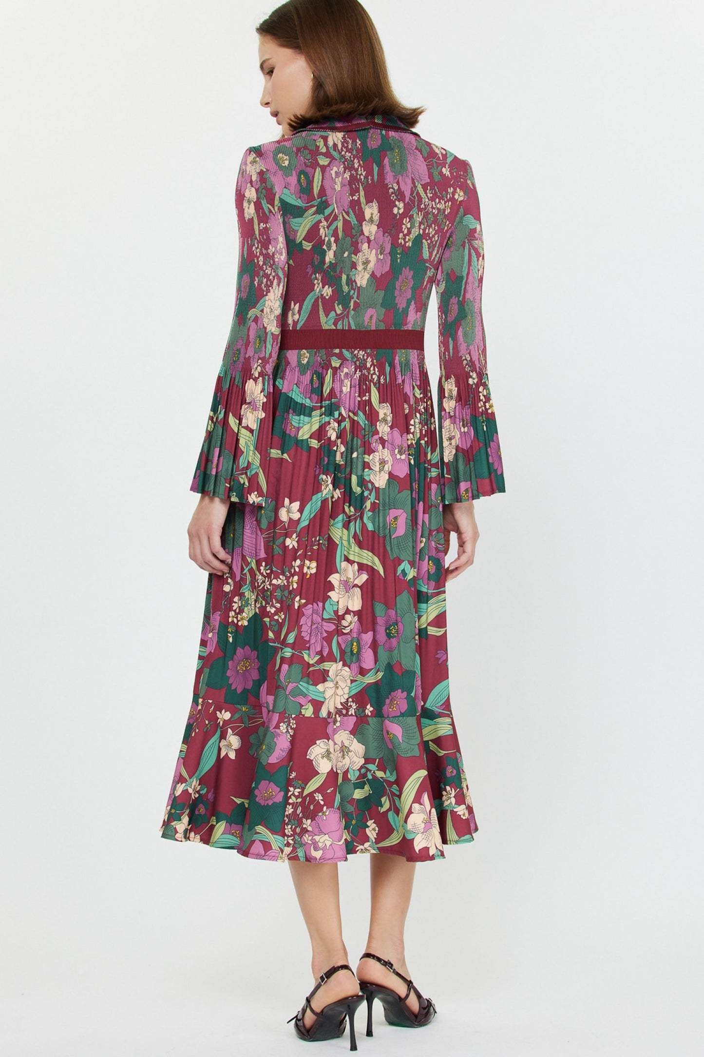 Notched Collar Pleated Midi Dress