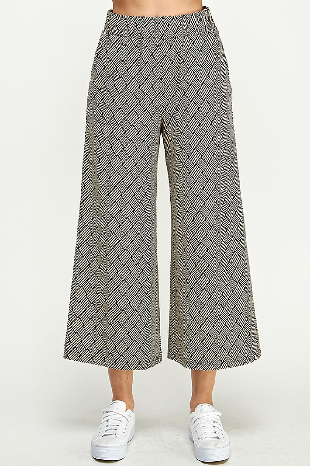 Brown Textured Wide Leg Cropped Pants