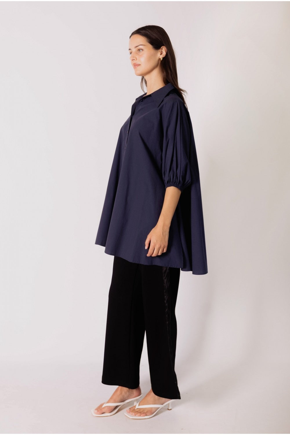 Poplin Puff Sleeve Side Slit Button Tunic