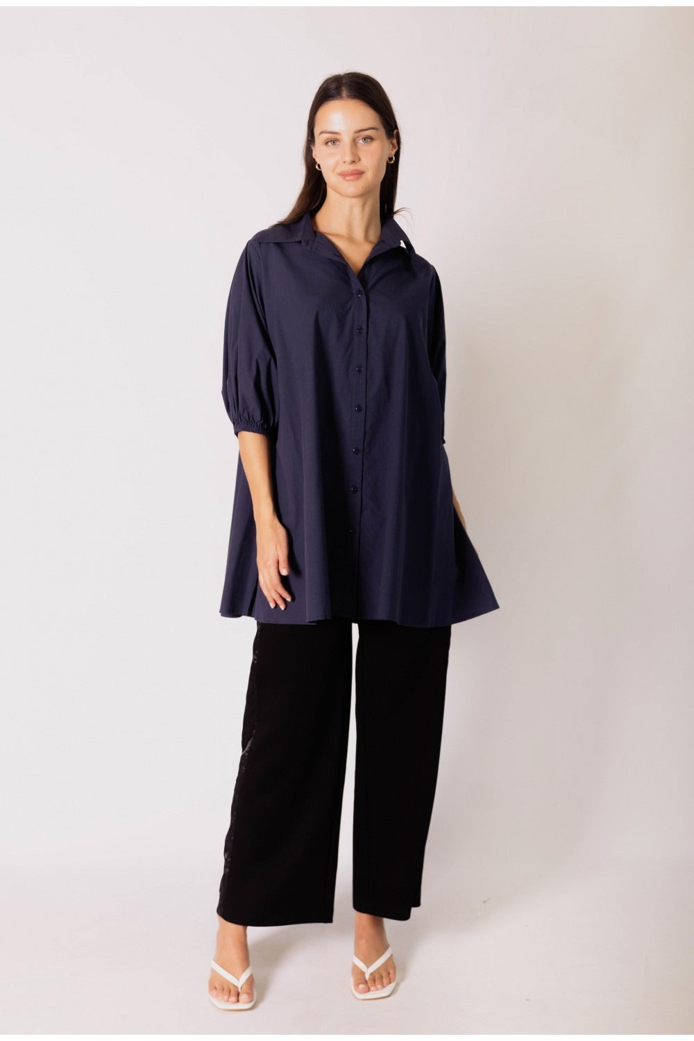 Poplin Puff Sleeve Side Slit Button Tunic