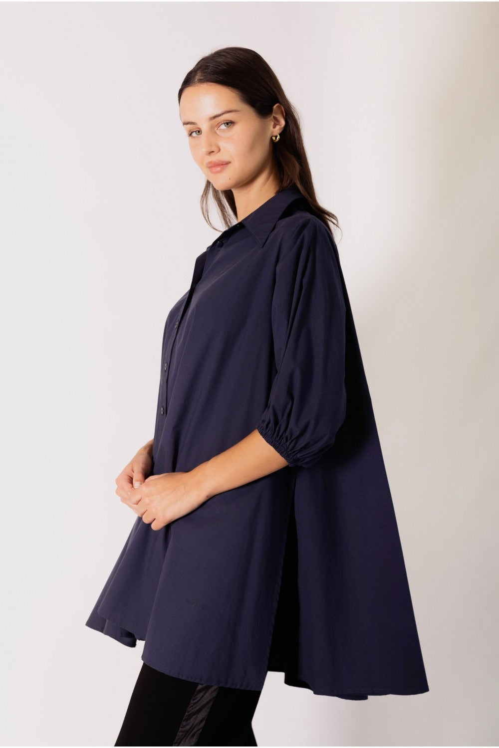 Poplin Puff Sleeve Side Slit Button Tunic