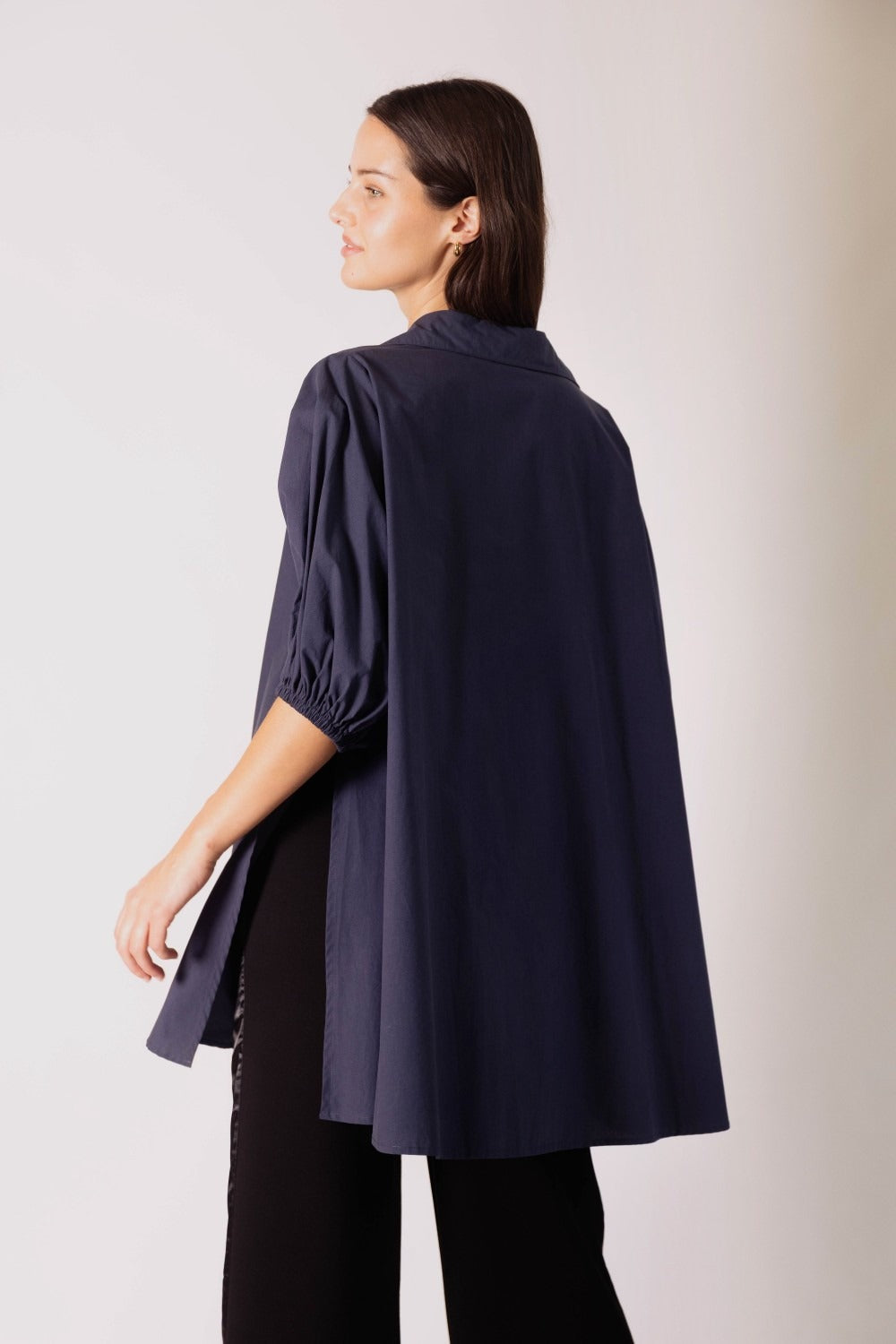 Poplin Puff Sleeve Side Slit Button Tunic