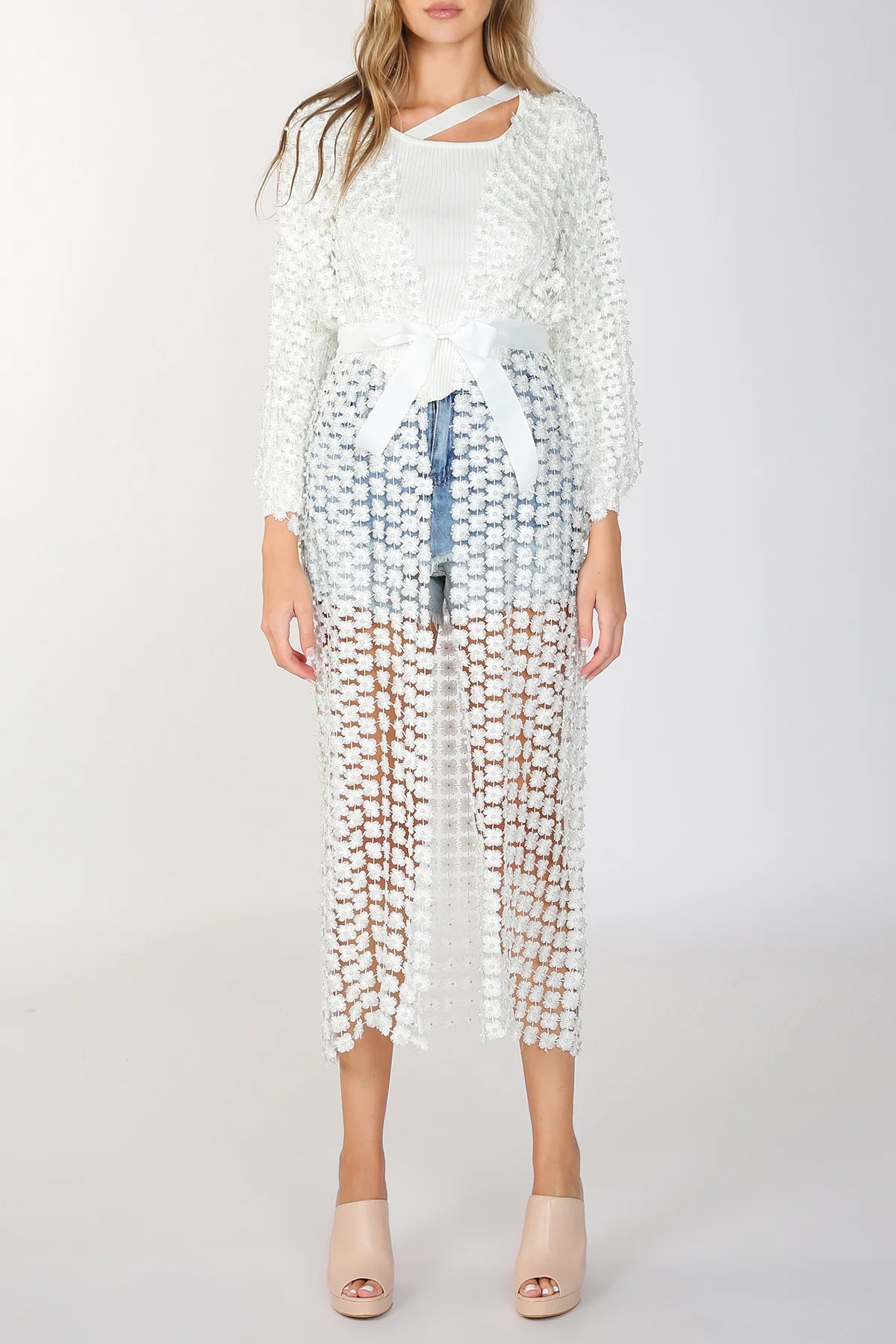 Long Shimmer Flower Mesh With Pearl Beads Kimono
