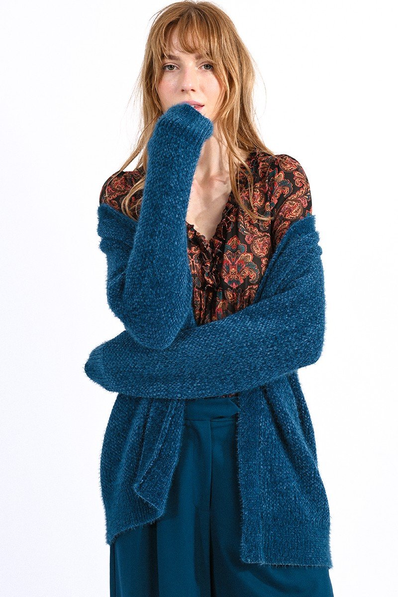 Open front Long cozy chenille knit cardigan with texture., long sleeves
