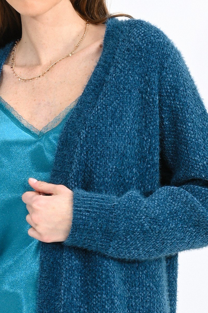 Open front Long cozy chenille knit cardigan with texture., long sleeves