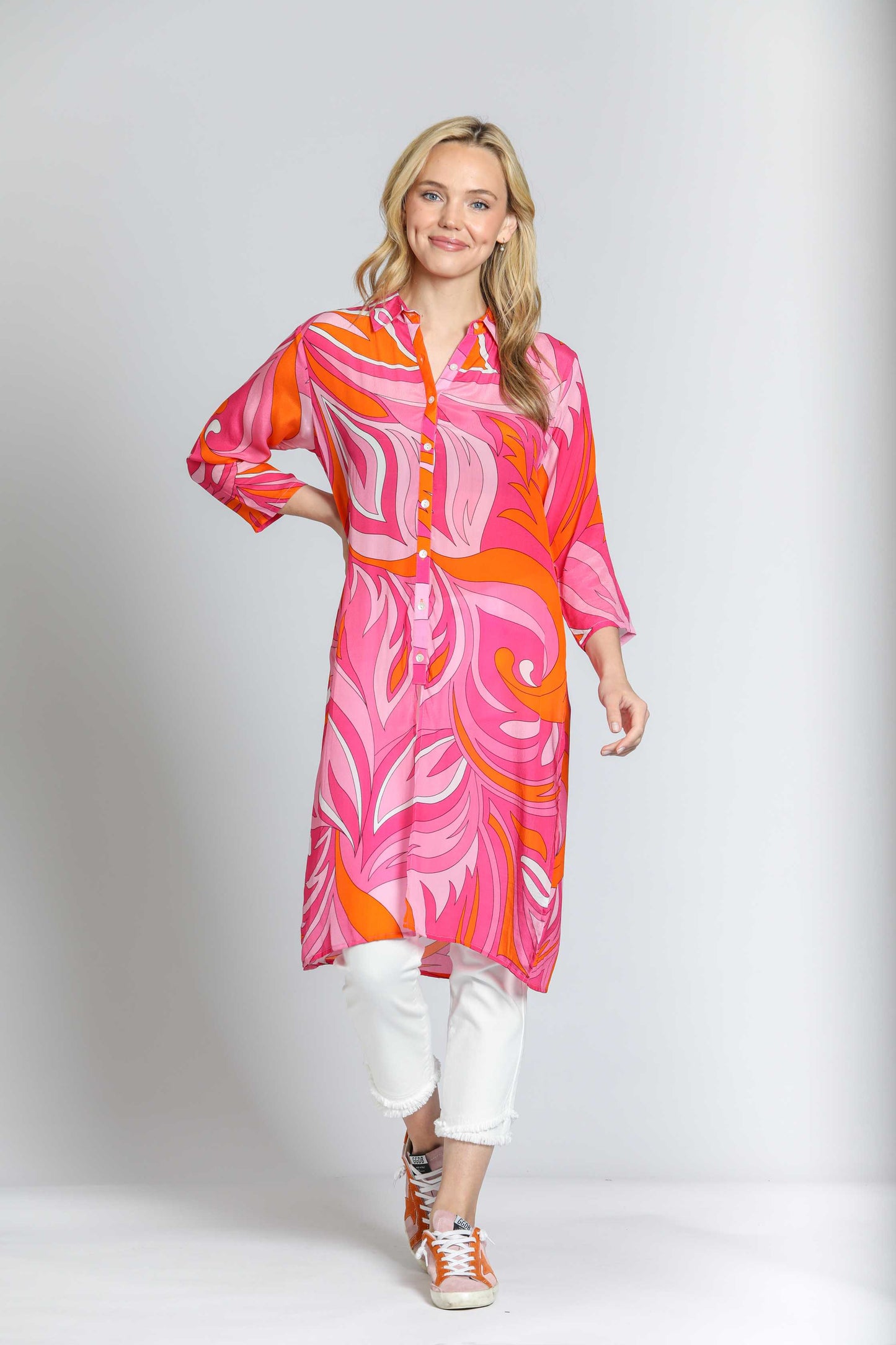 3/4 Sleeve Button-Up Side Slits Pink Orange Multi