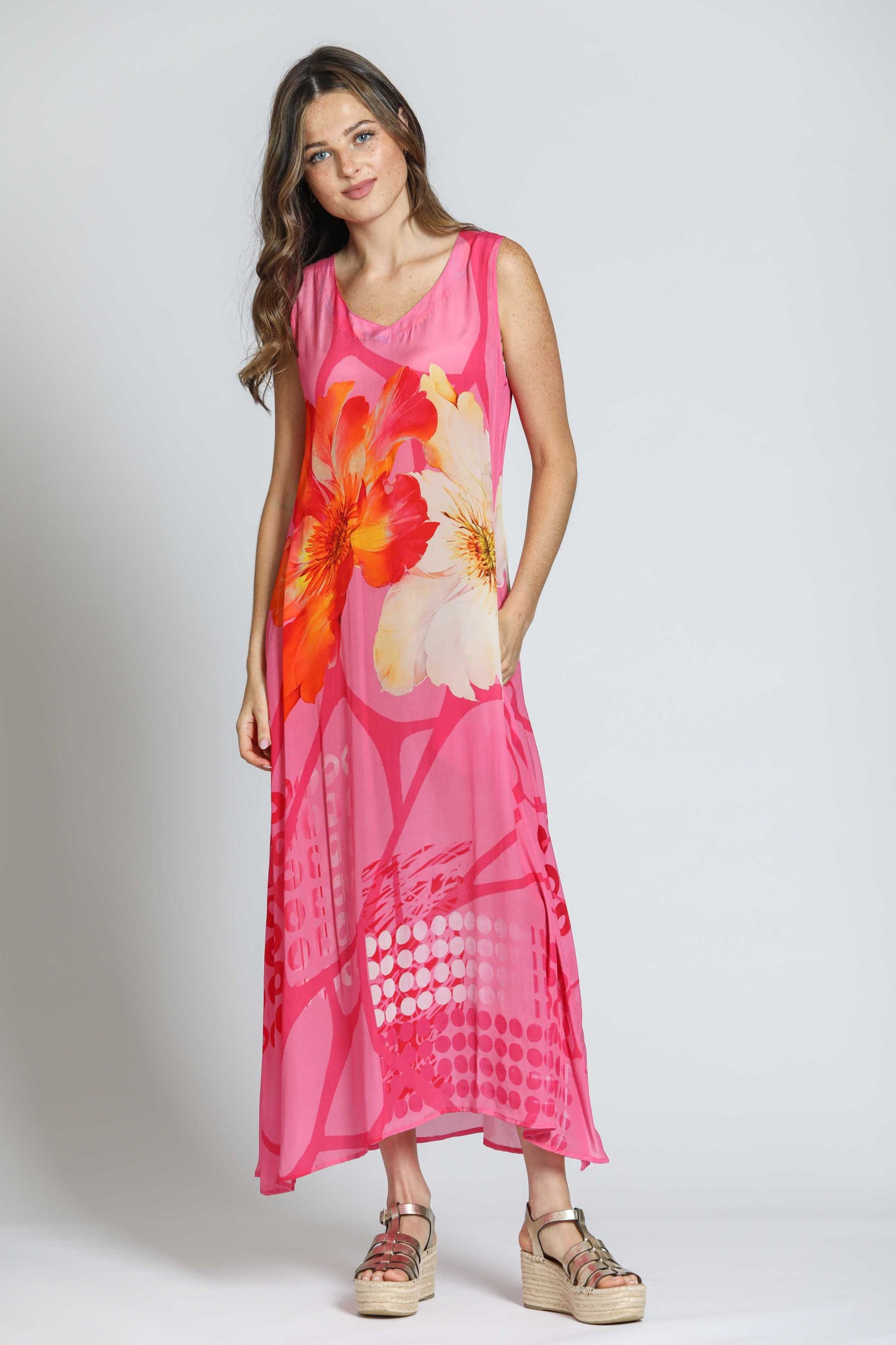 V-Neck Tank Long Dress Pink Multi