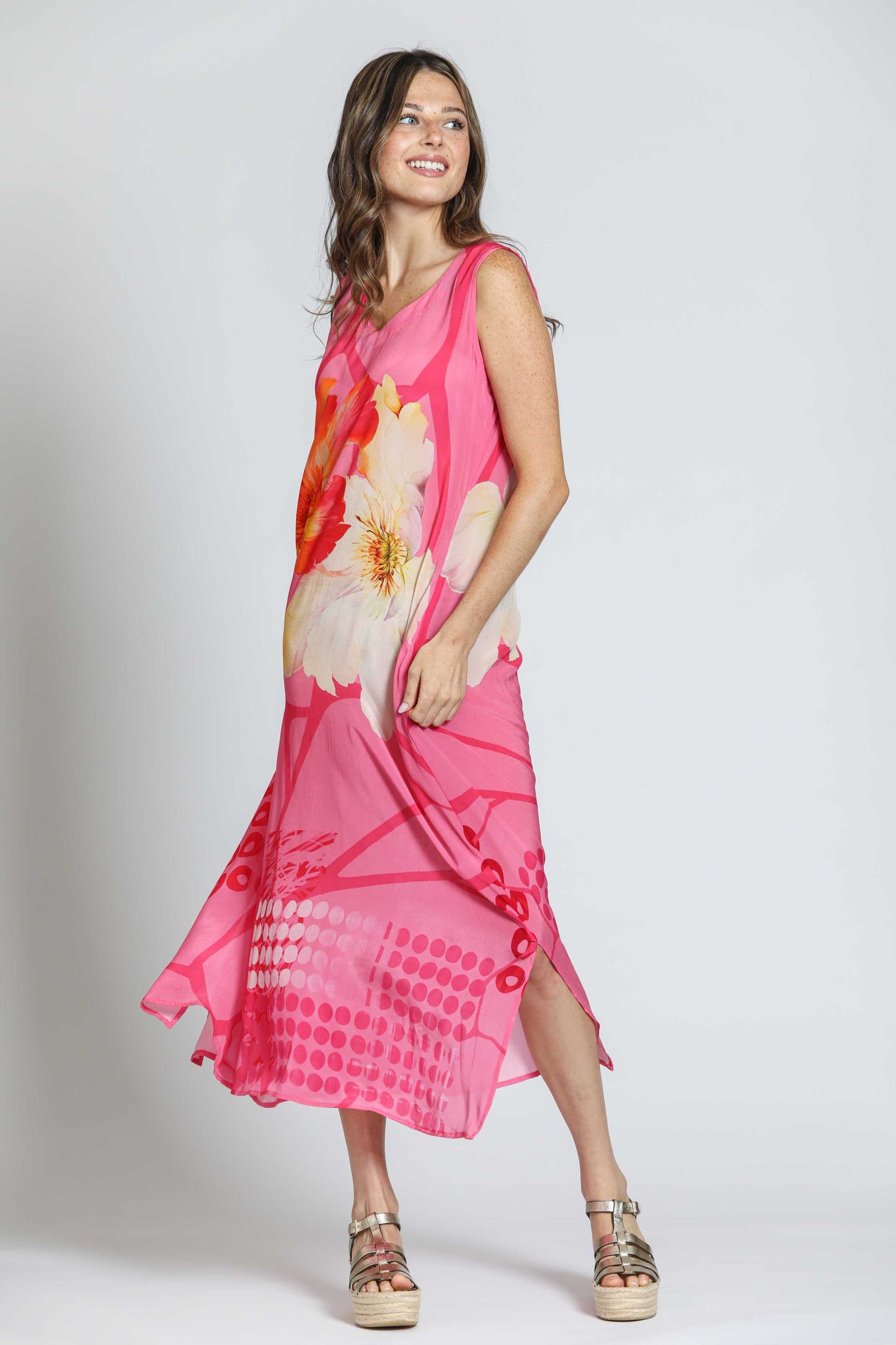 V-Neck Tank Long Dress Pink Multi